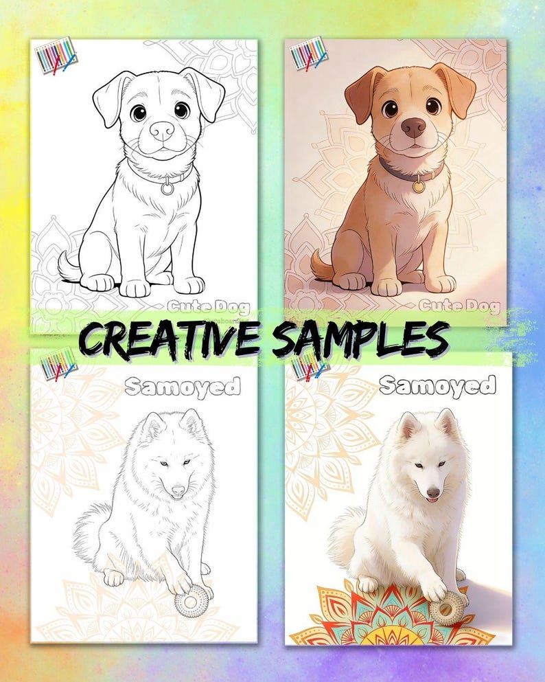 Może przedstawiać: Cztery obrazy ilustracji ps&oacute;w. Dwa przedstawiają szczeniaka z napisem "Cute Dog", jeden w czerni i bieli, drugi w kolorze. Pozostałe dwa to pies samojed, r&oacute;wnież w czerni i bieli oraz w kolorze. Tekst "CREATIVE SAMPLES" znajduje się pośrodku.
