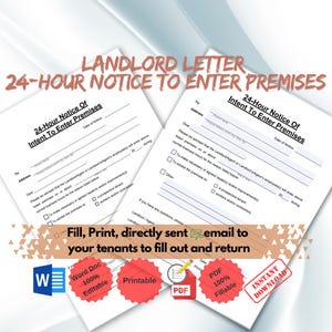 Carta de aviso de 24 horas para el propietario para entrar en la propiedad, Aviso de 24 horas para entrar en la propiedad, Aviso de entrada de 24 horas, PDF rellenable, Word editable