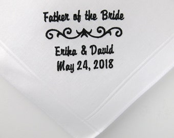 Father of the Bride/Groom Wedding Handkerchief with Bride and Groom's Names and Wedding Date on a men's white cotton handkerchief