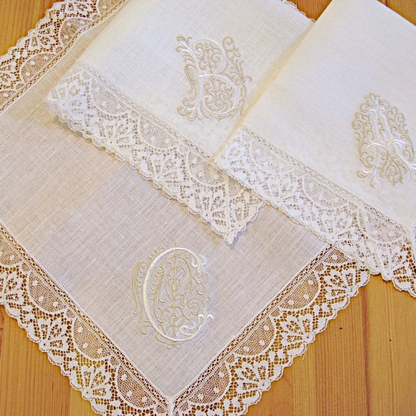 Irish Linen Lace handkerchief with Classic Zundt Single Initial Monogram