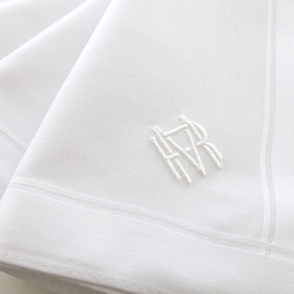 Set of 3 White Cotton Mens Monogrammed Handkerchiefs, Fathers Day Gift, Christmas Gift for him, 2nd Anniversary Gift, Mens Handkerchiefs Set