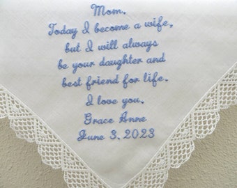 Mother of the Bride Wedding Handkerchief Embroidered and a Perfect Wedding Gift for the Mother of the Bride