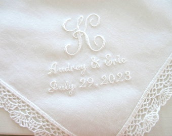 Wedding Hankerchief with Single Initial and Names and Date, wedding handkerchiefs for the Bride, Wedding hanky for Mother of the Bride/Groom