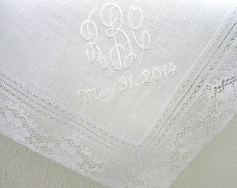 Wedding Handkerchief: White Irish Linen Bridal Handkerchief with 3-Initial Monogram and Wedding Date