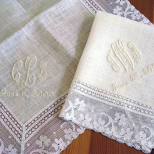 Wedding Handkerchief: Ivory Color Irish Linen Lace Handkerchief with 3-Initial Monogram and Date