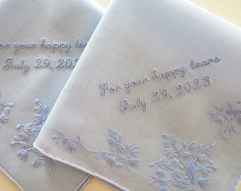 Blue color cotton handkerchief personalized with "For your happy tears" and wedding date