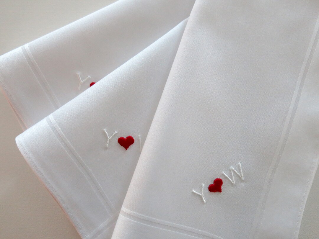 Set of 3 White Cotton Mens Monogrammed Handkerchiefs, Fathers Day Gift