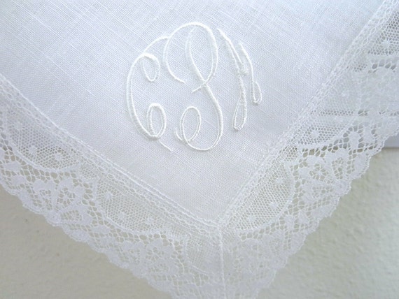Irish Linen Lace Handkerchief With 3 Initial Monogram Date