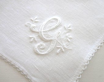 Irish Linen Wedding Handkerchief Personalized with Single Initial Floral Font, Option to Add Wedding Date and Title.