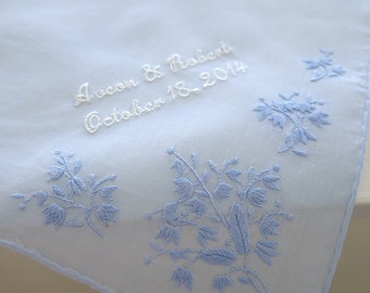Blue color cotton handkerchief with corner floral embroidery personalized with Bride and Groom's Names and Date