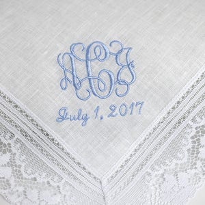 Hankie / Hankies for Bride / Hankerchief /handkerchiefs with Monogram and Date/ Wedding hankies / Bride hankerchief image 1