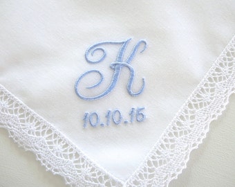Wedding Handkerchief:  Cluny Lace Handkerchief with 1-Initial and Date