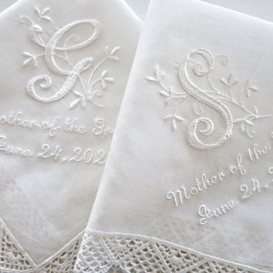 Lace Wedding Handkerchief, Wedding hankerchief, wedding hanky, mother of the bride handkerchiefs, bride and groom names wedding hankie image 1