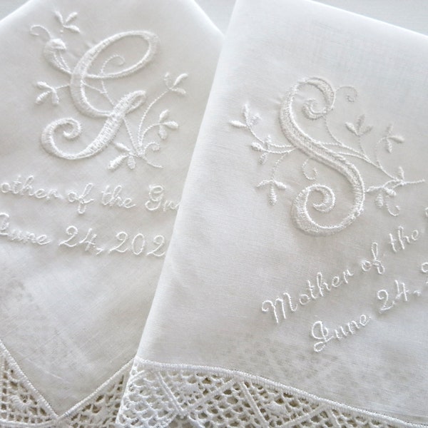 Lace Wedding Handkerchief, Wedding hankerchief, wedding hanky, mother of the bride handkerchiefs, bride and groom names wedding hankie