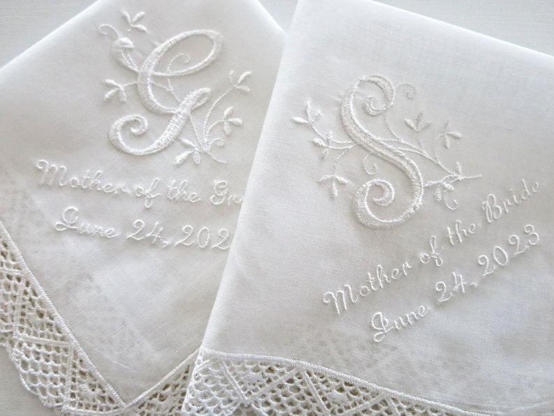 Lace Wedding Handkerchief, Wedding hankerchief, wedding hanky, mother of the bride handkerchiefs, bride and groom names wedding hankie image 1