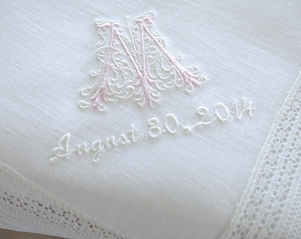 Wedding Handkerchief: White Irish Linen Lace Handkerchief Style No. 724L with Classic Zundt 1-Initial Monogram