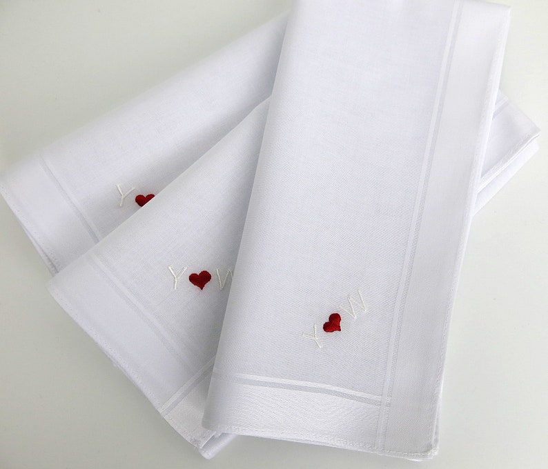 Set of 3 White Cotton Mens Monogrammed Handkerchiefs, Fathers Day Gift