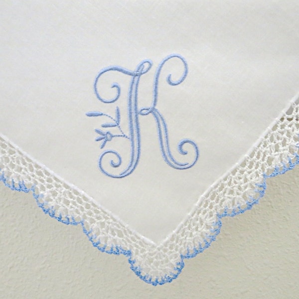 Wedding Handkerchief:  Blue/White Crochet Lace Handkerchief with Peony Design 1 Initial Monogram