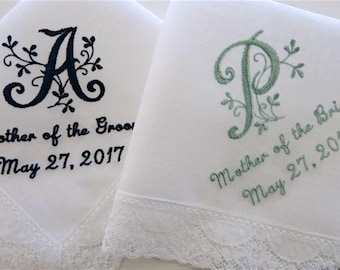 Floral Wedding Handkerchiefs, Wedding hankerchiefs, wedding hankies, mother of the bride handkerchiefs, bride and groom names wedding hankie