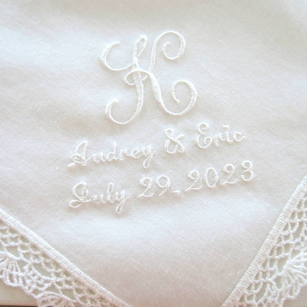 White Wedding Handkerchief, Wedding Hankie, Names and Wedding Date Handkerchief, Hankerchief for the Bride, hankerchief