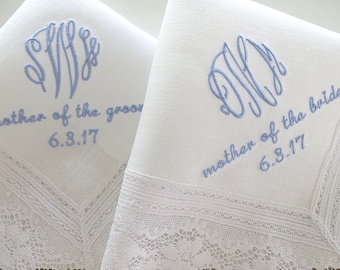 Wedding Handkerchief / wedding hankerchief / Mother of the Bride Handkerchiefs / White Color Irish Linen Lace Wedding Hankie with Monogram