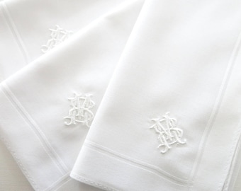 Mens Cotton handkerchiefs set with intertwined two-letter monogram. Fathers Day Gift, Christmas Gift for him, 2nd Anniversary Gift for him.