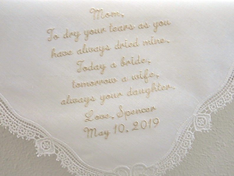 To Dry Your Tear Hankie Hankerchief Gift from the Bride Wedding Handkerchief Embroidered with Wedding Message for the Mother of the Bride