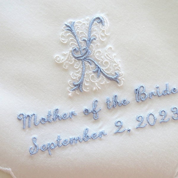 White Wedding handkerchief for the Mother of the Bride with Monogram and Wedding Date, as wedding gift for Moms