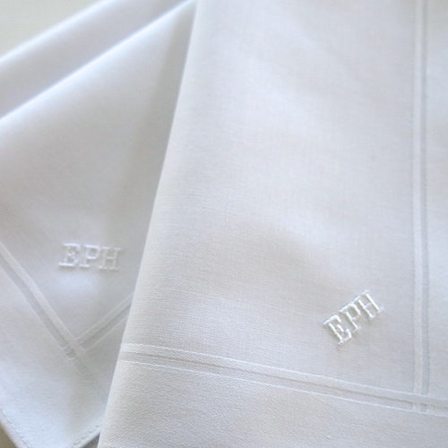 Set of 3 White Cotton Mens Monogrammed Handkerchiefs Fathers Etsy