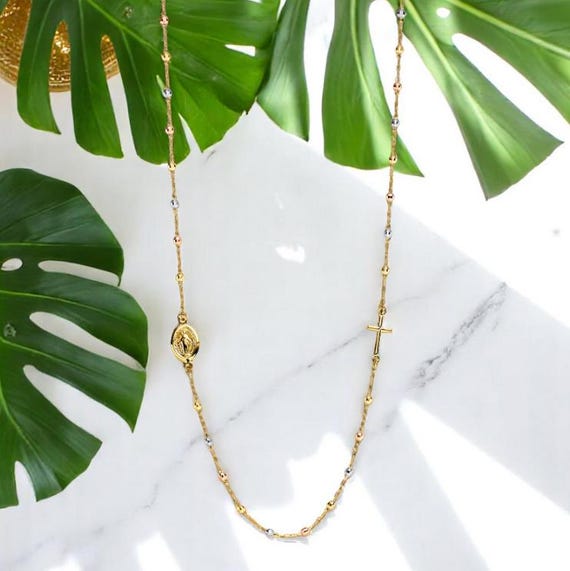 14K Rosario Kette für Damen oder Mädchen Rosenkranz Christlicher
