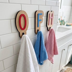 Monogram Wooden Towel Hook, Letter Wall Hooks, Bathroom Decor