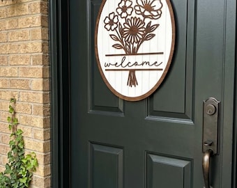 Letrero de bienvenida personalizado para la puerta principal o el porche, decoración floral 3D personalizada para la pared, letrero de entrada estilo shiplap, regalo de boda personalizado con el nombre de la familia