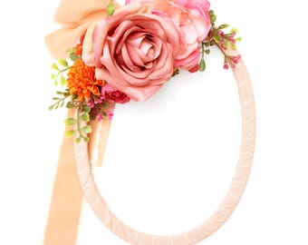 Peach, Pink Rose and Ribbon Wall-Hanging - Romantic Floral Wreath