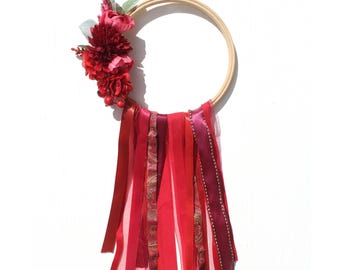 Red Flowers and Ribbons Floral Wreath - Wall Art