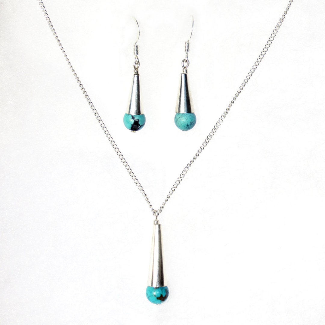 Turquoise Necklace and Earrings Set, Silver Chain Necklace Set ...