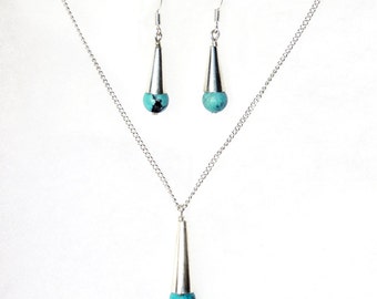 T&uuml;rkis Halskette und Ohrringe Set, Silber Kette Collier-Set, zeitgen&ouml;ssischen Schmuck-Set