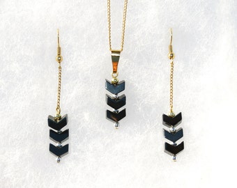 Gold Necklace and Earrings Set, Gold Statement Necklace Set, Gold and Silver Necklace Set, Black Pendant Necklace and Matching Earrings
