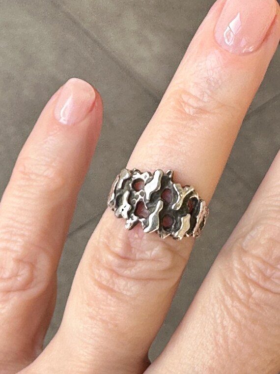 Brutalist silver ring textured openwork design UK… - image 10