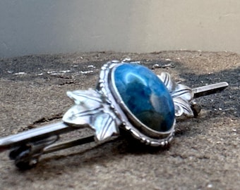 Broche antiguo alemán de crisocola en forma de barra, plata 935, estilo continental con motivos vegetales, principios del siglo XX, Art Nouveau, Deco, joyería vintage, 2,39 g, 4,5 cm