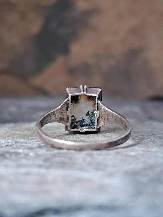 Mid century moss agate rectangular silver ring mi… - image 6