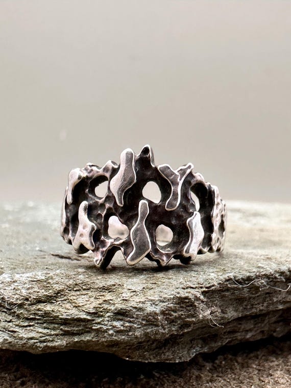 Brutalist silver ring textured openwork design UK… - image 2