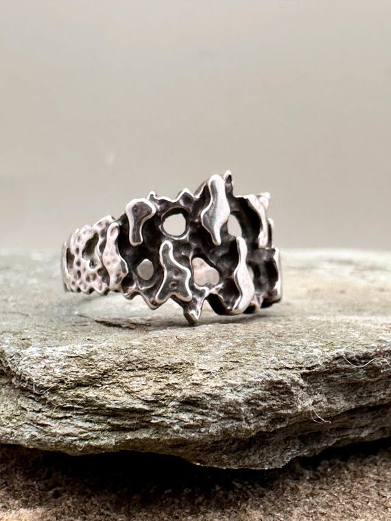 Brutalist silver ring textured openwork design UK… - image 3