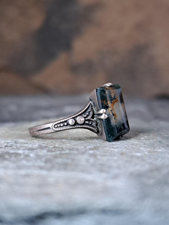 Mid century moss agate rectangular silver ring mi… - image 4