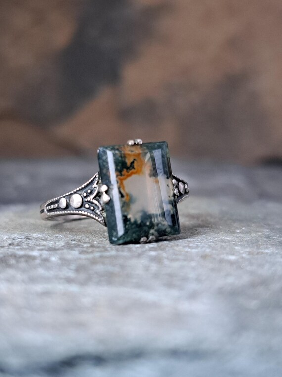 Mid century moss agate rectangular silver ring mi… - image 3