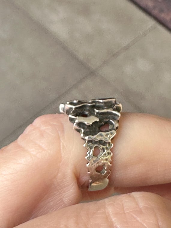 Brutalist silver ring textured openwork design UK… - image 12