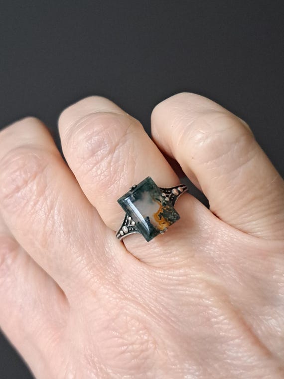 Mid century moss agate rectangular silver ring mi… - image 10