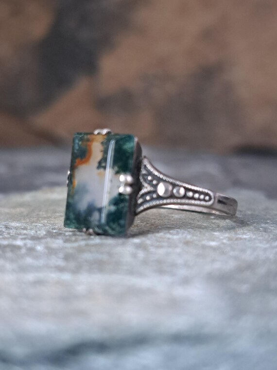 Mid century moss agate rectangular silver ring mi… - image 8