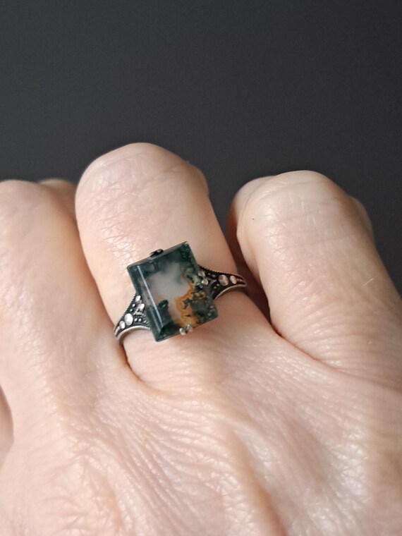 Mid century moss agate rectangular silver ring mi… - image 13