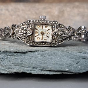 80s Sterling Marcasite Onyx Cocktail Watch Vintage Felicia Marcasite Sterling Silver Cocktail Watch  main image 4