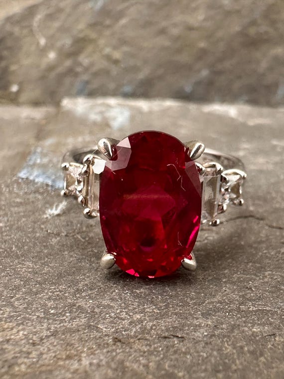 Ruby ring oval cut lab grown cz shoulders vibrant… - image 1